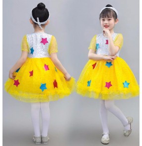 Children Toddlers yellow pink sequins jazz dance costumes tutu skirts preschool choir performance princess dresses kindergarten cute princess Performance outfits for Baby